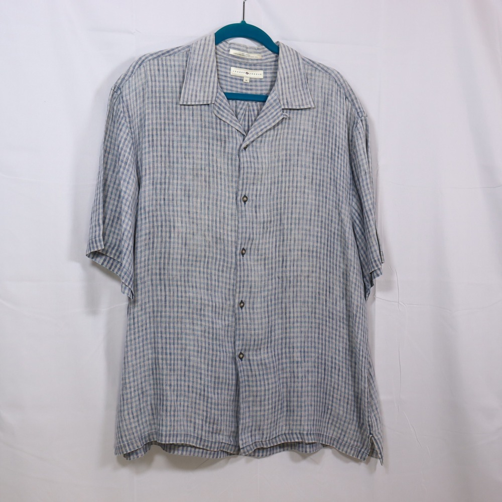 Joseph Abboud Linen Button Down XL Blue Mens Plaid Short Sleeve Summer Shirt